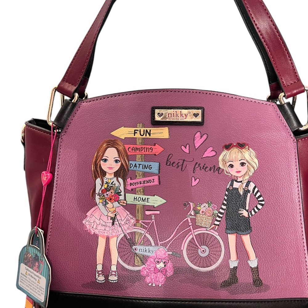NICOLE LEE-MAUVE, BURGUNDY AND BLACK BAG WITH GRAPHIC DESIGN AND CROSSBODY STRAP